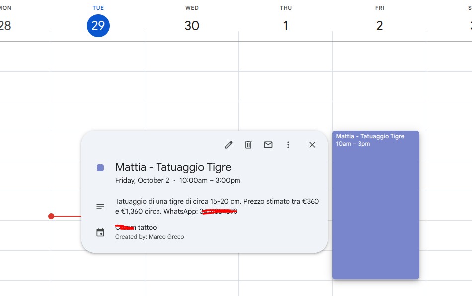 Google Calendar con l'evento creato automaticamente dal bot: Mattia - Tatuaggio Tigre, venerdì 2 ottobre dalle 10:00 alle 15:00, coerente con l'appuntamento proposto in chat